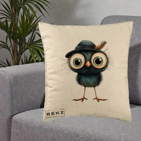 Perna Decorativa Pui Misterios cu Palarie Neagra, 40x40 cm, Bej, Husa Detasabila, Perna Inclusa, BEKZ®