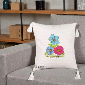 Perna Decorativa Trei Flori Grafice Pop Art, 40x40 cm, Bej cu Franjuri, Husa Detasabila, Perna Inclusa, BEKZ®