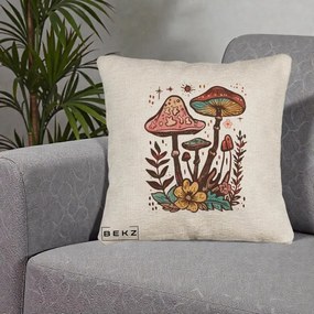 Perna Decorativa Ciuperci Boho Multicolore, 40x40 cm, Bej Canapea, Husa Detasabila, Perna Inclusa, BEKZ®