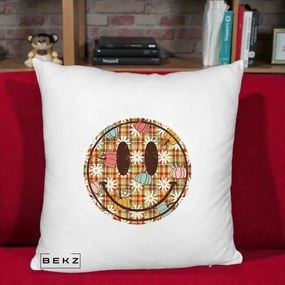 Perna Decorativa Smiley Face de Toamna cu Tartan si Dovlecei, 40x40 cm, Alb Pufos, Husa Detasabila, Perna Inclusa, BEKZ®