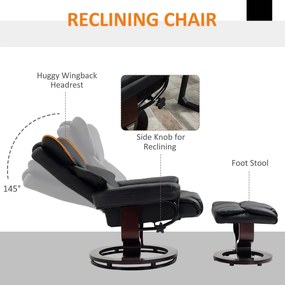 HOMCOM Fotoliu Relaxant si Puf, Reclinabil la 145° cu Scaun Rotativ din Piele Ecologica, Negru | Aosom Romania