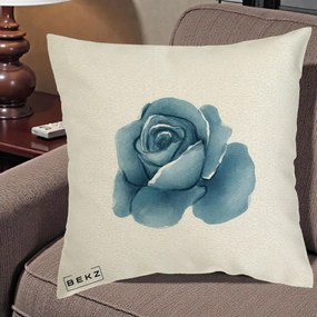 Perna Decorativa Trandafir Albastru Acuarela, 40x40 cm, Ecru, Husa Detasabila, Perna Inclusa, BEKZ®