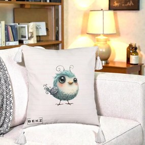 Perna Decorativa Pui Teal cu Aripioare Ornamentale, 40x40 cm, Bej cu Franjuri, Husa Detasabila, Perna Inclusa, BEKZ®