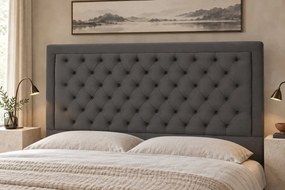 Pat tapițat Chesterfield din catifea Ophelia Deluxe 180×200 cm, gri închis, cu ladă de depozitare