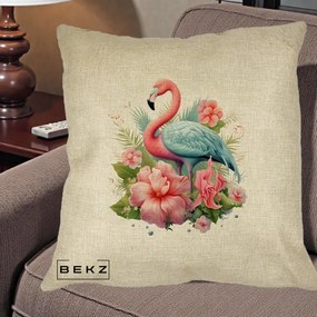 Perna Decorativa Flamingo cu Hibiscus Tropical, 40x40 cm, Crem, Husa Detasabila, Perna Inclusa, BEKZ®