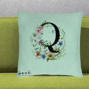 Cadou Personalizat - Perna Personalizata Monogram Litera Q cu Flori Acuarela, 40x40 cm, Verde Menta, Husa Detasabila, Perna Inclusa, BEKZ®