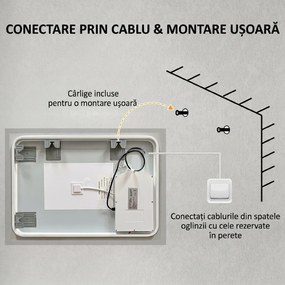 Kleankin Oglinda LED, Oglinda de Machiaj de Perete cu 3 Lumini, 800x600mm, Tactilă, Anti-Ceță, Montare Orizontală/Verticală | Aosom Romania