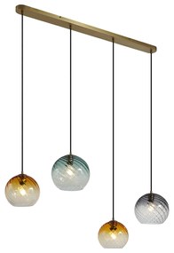 Lampă suspendată bronz cu sticlă dreptunghiulară fumurie, chihlimbar și verde, cu 4 lumini - Bao