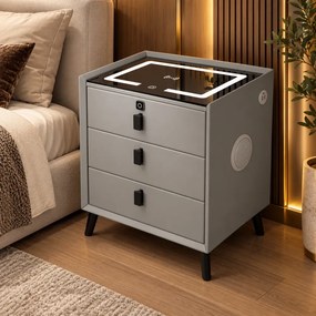 Noptieră inteligentă multifuncțională, 3 sertare, blocare cu amprentă, LED-uri tactile, 3 tipuri de culoare, încărcare fără fir, Difuzor Bluetooth, incarcare USB, sticla securizata, Gri