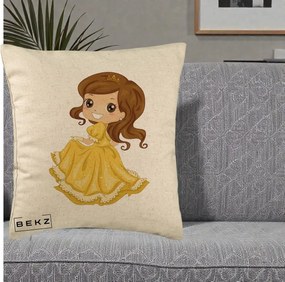 Perna Decorativa Printesa Bella Rochie Aurie, 40x40 cm, Bej, Husa Detasabila, Perna Inclusa, BEKZ®