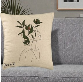 Perna Decorativa Portret Feminin Crin Verde, 40x40 cm, Bej, Husa Detasabila, Perna Inclusa, BEKZ®