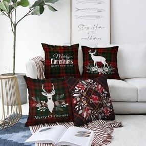 Set 4 fețe de pernă din chenille cu model de Crăciun Minimalist Cushion Covers Tartan Merry Christmas, 55 x 55 cm