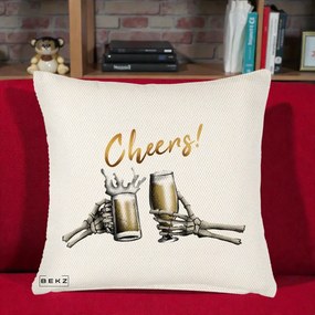 Perna Decorativa Halloween Cheers Schelete cu Bere, 40x40 cm, Crem Reliefat, Husa Detasabila, Perna Inclusa, BEKZ®