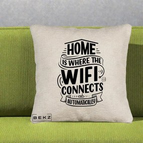 Perna Decorativa Home Is Where WiFi Connects, 40x40 cm, Bej Canapea, Husa Detasabila, Perna Inclusa, BEKZ®