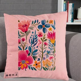 Perna Decorativa Gradina Florala Acuarela Colorata, 40x40 cm, Roz, Husa Detasabila, Perna Inclusa, BEKZ®