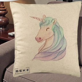 Perna Decorativa Unicorn Acuarela Pastel, 40x40 cm, Bej, Husa Detasabila, Perna Inclusa, BEKZ®