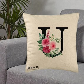 Cadou Personalizat - Perna Personalizata Monograma Florala Litera U, 40x40 cm, Bej, Husa Detasabila, Perna Inclusa, BEKZ®