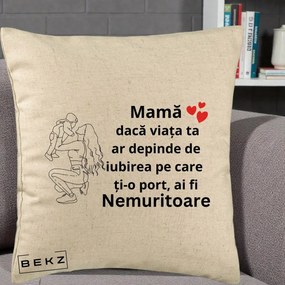 Cadou pentru Mama - Perna Personalizata Mama Nemuritoare Portret Graphic, 40x40 cm, Bej, Husa Detasabila, Perna Inclusa, BEKZ®