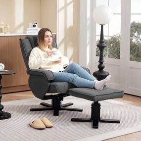 HOMCOM Fotoliu de relaxare leagăn cu taburet, tapiterie din material textil în aspect de catifea, fotoliu tapițat cu funcție de rotație de 360°, cadru de lemn, Gri | Aosom Romania