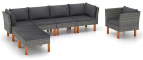 Set mobilier gradina 7 piese gri poliratan lemn masiv eucalipt Gri, 2x canapea de colt  + 2x canapea de mijloc + fotoliu + suport pentru picioare, 1