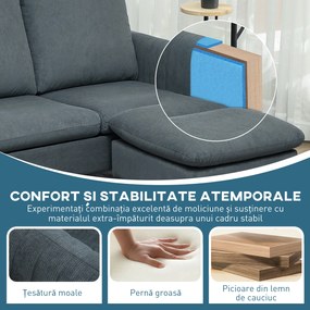 HOMCOM Canapea Colțar cu 3 locuri, Taburet Detașabil și Reversibil 196x140x88 cm, Gri Cărbune | Aosom Romania