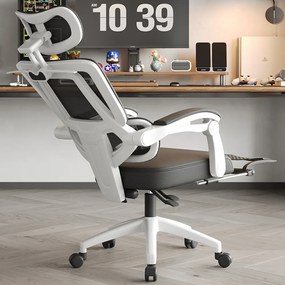 Scaun ergonomic cu suport lombar, tetieră reglabilă 3D, suport pentru picioare, Mesh, Alb/Negru