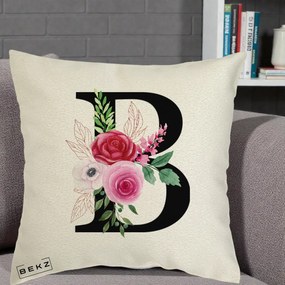 Cadou Personalizat - Perna Personalizata Monograma Florala Litera B, 40x40 cm, Ecru, Husa Detasabila, Perna Inclusa, BEKZ®