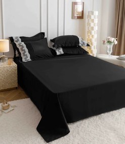 Lenjerie pat dublu, Inimi Brodate, 6 Piese, Finet Premium - Negru