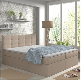 Pat tapițat EMBER 160x200 cm, cu saltele și topper incluse, cu spațiu de depozitare, bej