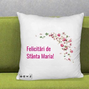 Cadou de Onomastica - Perna Personalizata Felicitari de Sfanta Maria, 40x40 cm, Alb Pufos, Husa Detasabila, Perna Inclusa, BEKZ®