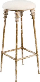 Scaun de bar vintage din metal și stofă, maro, cu șezut rotund și picioare cu capiteluri, finisaj antichizat, 78 x Ø 34 cm, „Rosalie”
