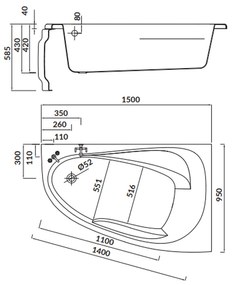 Cada baie pe colt Cersanit Joanna New, 150 x 95 cm, asimetrica, orientare dreapta, alba 1500x950 mm, Dreapta