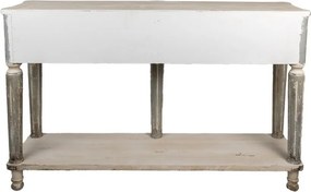 Consolă hol shabby chic din lemn, alb, cu 2 sertare, raft, picioare gri canelate și ornamente sculptate, 92 x 141 x 36 cm, „Marguerite”