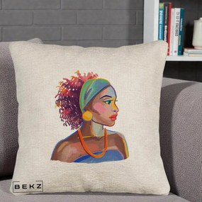 Perna Decorativa Portret Femeie Urbana Acuarela, 40x40 cm, Bej Canapea, Husa Detasabila, Perna Inclusa, BEKZ®