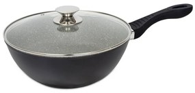 Tigaie Wok, 30 cm, Interior din Granit (Anti-Aderent), Mâner Ebonită, Capac din Sticlă Termorezistentă, Bază 3 Straturi (Inducție), Negru