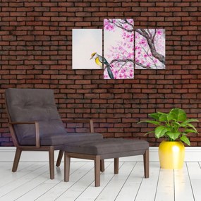Tablou - Pasăre pe un copac cu flori roz (90x60 cm)