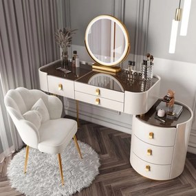 RESIGILAT-Set Lucia, Masă de toaletă pentru machiaj cu oglindă iluminată LED, control touch, 6 sertare, comoda, Alb, scaun Gri