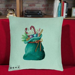 Perna Decorativa Saculet Cadouri Mos Craciun Acuarela Verde, 40x40 cm, Verde Menta, Husa Detasabila, Perna Inclusa, BEKZ®