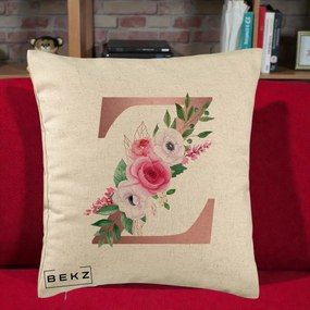 Cadou Personalizat - Perna Personalizata Monograma Rose Gold Litera Z, 40x40 cm, Bej, Husa Detasabila, Perna Inclusa, BEKZ®