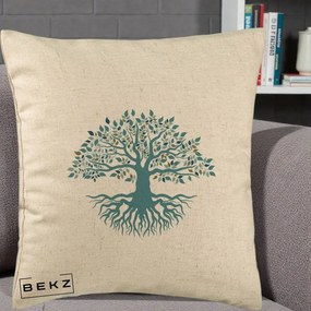 Perna Decorativa Copacul Vietii Teal cu Radacini, 40x40 cm, Bej, Husa Detasabila, Perna Inclusa, BEKZ®