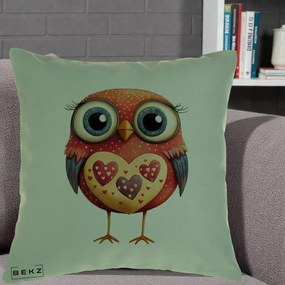 Perna Decorativa Bufnita Rosie cu Inimi Aurii, 40x40 cm, Verde, Husa Detasabila, Perna Inclusa, BEKZ®