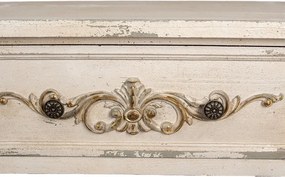 Consolă hol shabby chic din lemn, alb, cu 2 sertare, raft, picioare gri canelate și ornamente sculptate, 92 x 141 x 36 cm, „Marguerite”