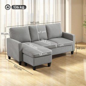 HOMCOM Canapea de colt modulara si moderna, canapea 3 locuri cu peninsula reversibila din material textil gri deschis, 197x139x 91 cm | Aosom Romania
