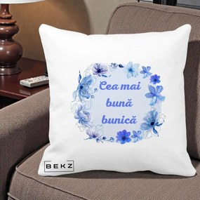 Cadou pentru Bunica - Perna Personalizata Cea Mai Buna Bunica Coronita Flori Albastre Acuarela, 40x40 cm, Alba Mata, Husa Detasabila, Perna Inclusa, BEKZ®