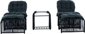 Set mobilier de grădină de exterior în 5 piese, set lounge pentru balcon cu 2 scaune, 2 taburete și masă cu blat din sticlă, Negru+Gri