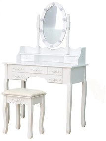 Set Julia, Masă de toaletă cu oglindă iluminată LED, control touch, 7 sertare, scaun, Alb,