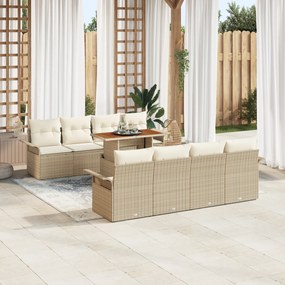 vidaXL Set de canapea de grădină cu 9 piese, perne incluse, bej, din rattan și poliester, cu cadru de acacia