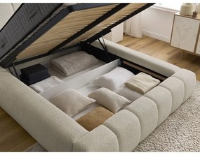 Pat matrimonial bej tapițat cu spațiu de depozitare cu somieră 140x190 cm Denali – Bobochic Paris