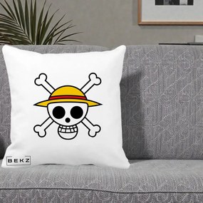 Perna Personalizata One Piece Jolly Roger Straw Hat Pirates, 40x40 cm, Alba Mata, Husa Detasabila, Perna Inclusa, BEKZ®