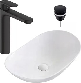 Pachet lavoar pe blat Rea Royal alb 62.5 cm, baterie lavoar Hansgrohe Vernis Blend 190 negru si ventil lavoar Click-Clack negru